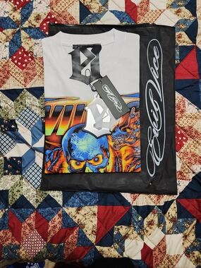 Evil Vice "Mi Vice" Series Flaming Skull Graphic Tee - White - NWT